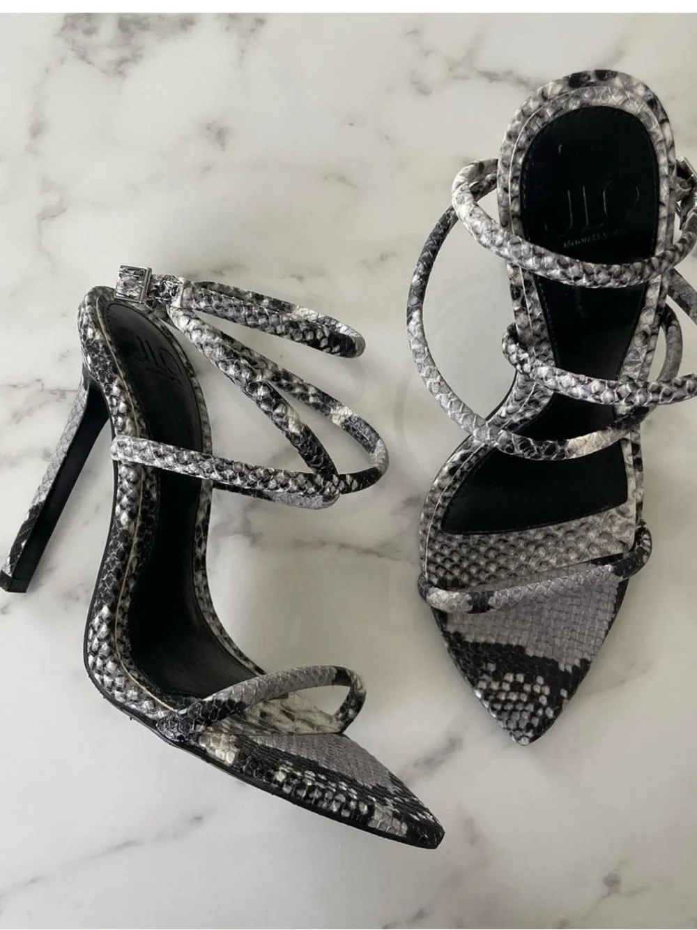 Jennifer Lopez Snake-Print Strappy Stiletto Sandal - Black & White - Picture 2 of 6